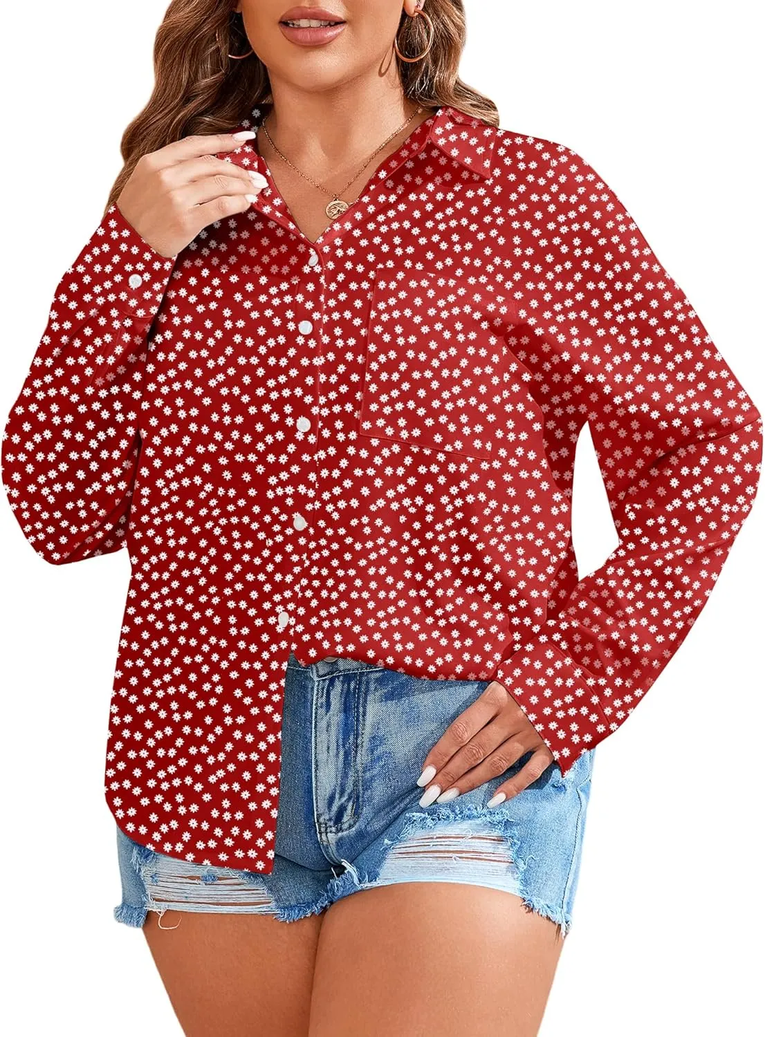 TAKEYAL Women's Plus Size Button Down Shirts Long Sleeve Polo Blouses Fall Business Casual Tops with Pocket