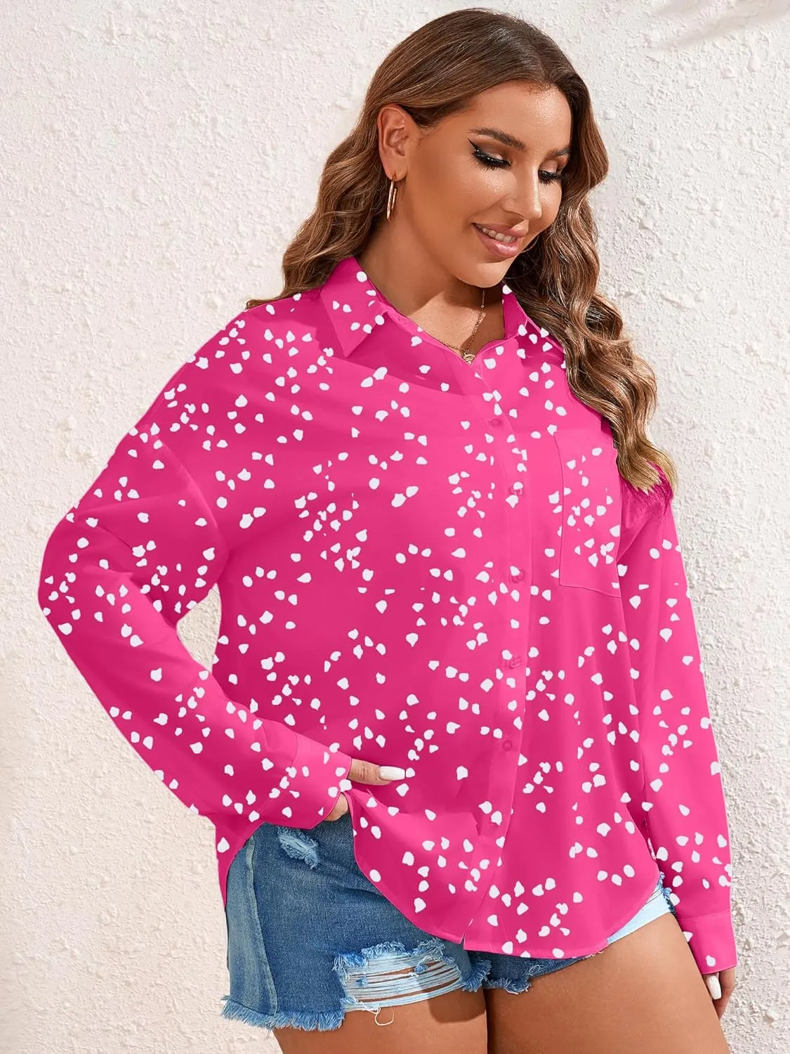 TAKEYAL Women's Plus Size Button Down Shirts Long Sleeve Polo Blouses Fall Business Casual Tops with Pocket