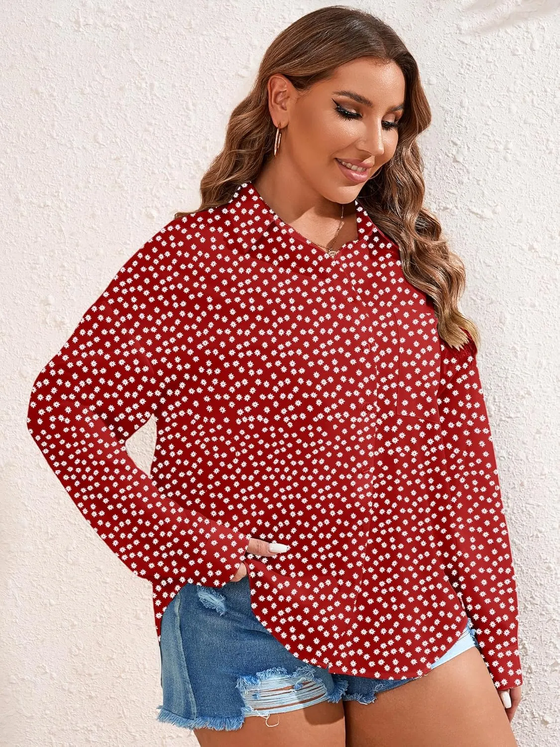 TAKEYAL Women's Plus Size Button Down Shirts Long Sleeve Polo Blouses Fall Business Casual Tops with Pocket