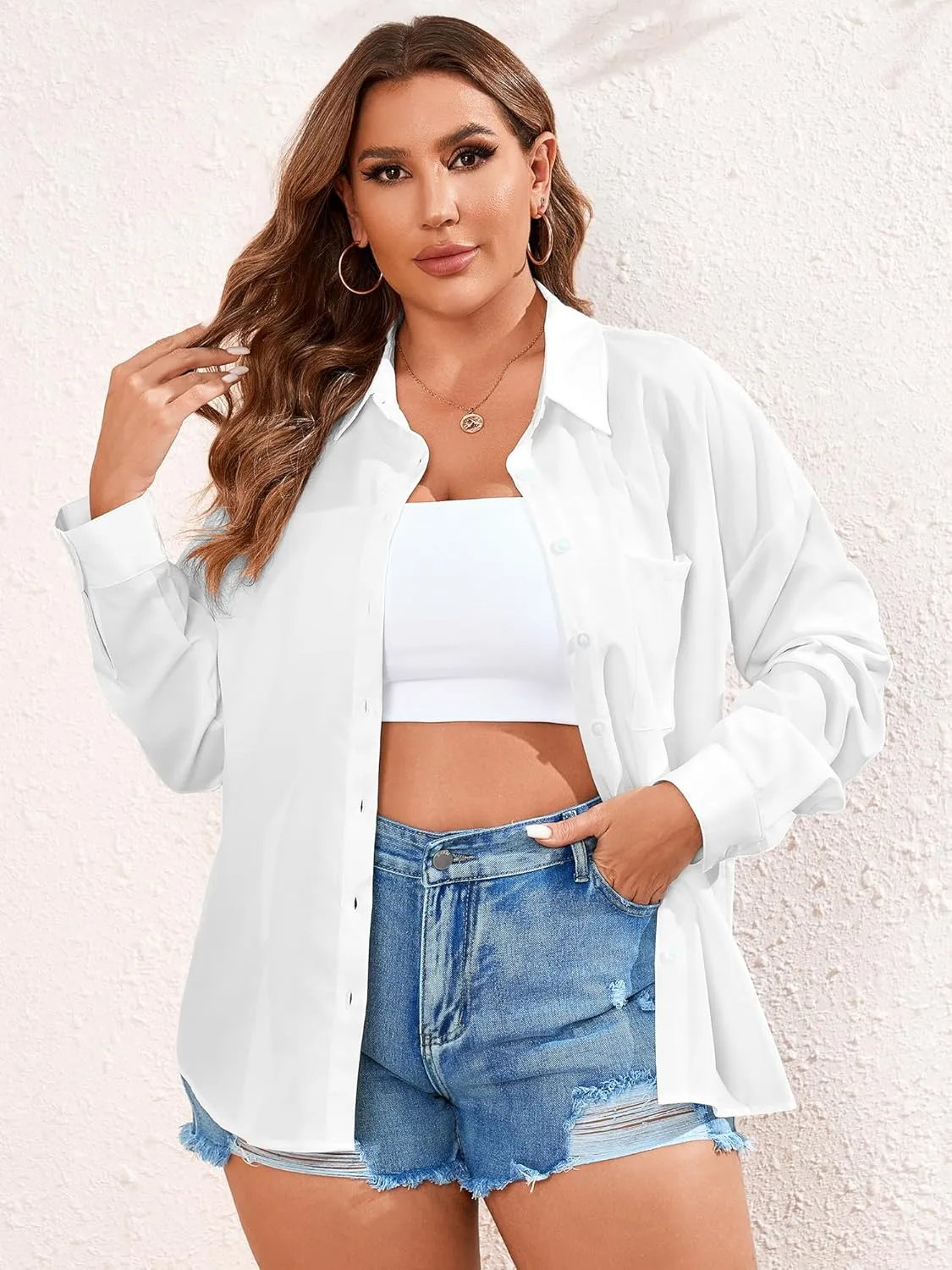 TAKEYAL Women's Plus Size Button Down Shirts Long Sleeve Polo Blouses Fall Business Casual Tops with Pocket