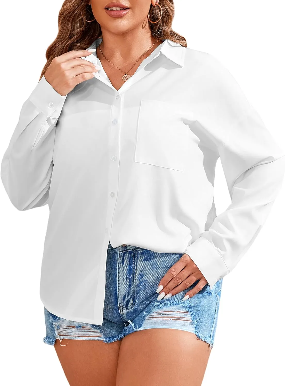 TAKEYAL Women's Plus Size Button Down Shirts Long Sleeve Polo Blouses Fall Business Casual Tops with Pocket