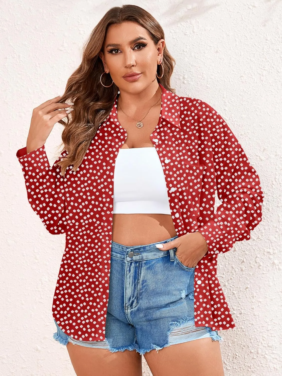 TAKEYAL Women's Plus Size Button Down Shirts Long Sleeve Polo Blouses Fall Business Casual Tops with Pocket