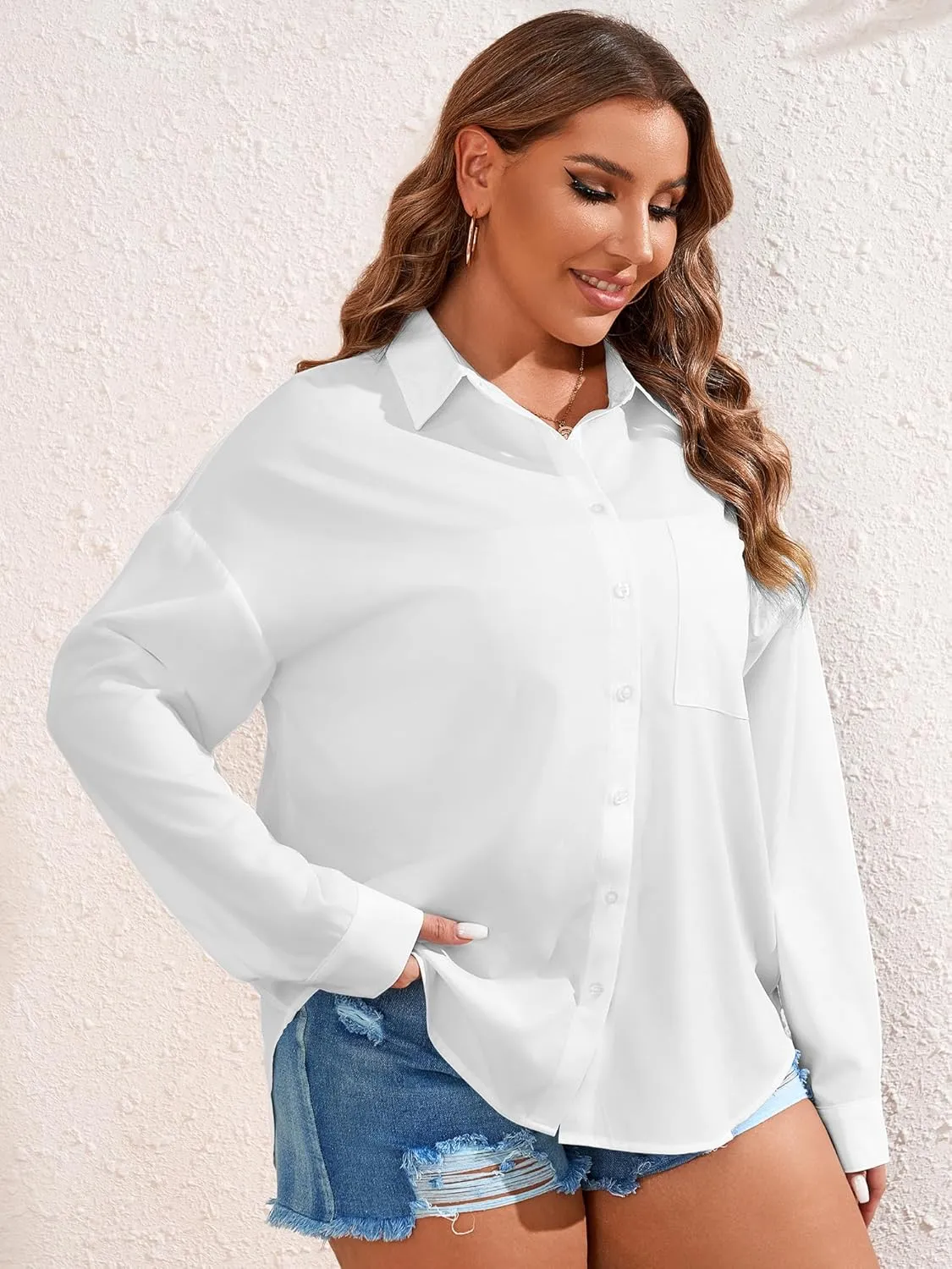 TAKEYAL Women's Plus Size Button Down Shirts Long Sleeve Polo Blouses Fall Business Casual Tops with Pocket