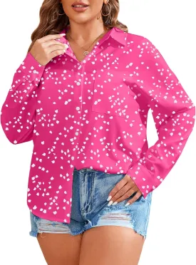 TAKEYAL Women's Plus Size Button Down Shirts Long Sleeve Polo Blouses Fall Business Casual Tops with Pocket