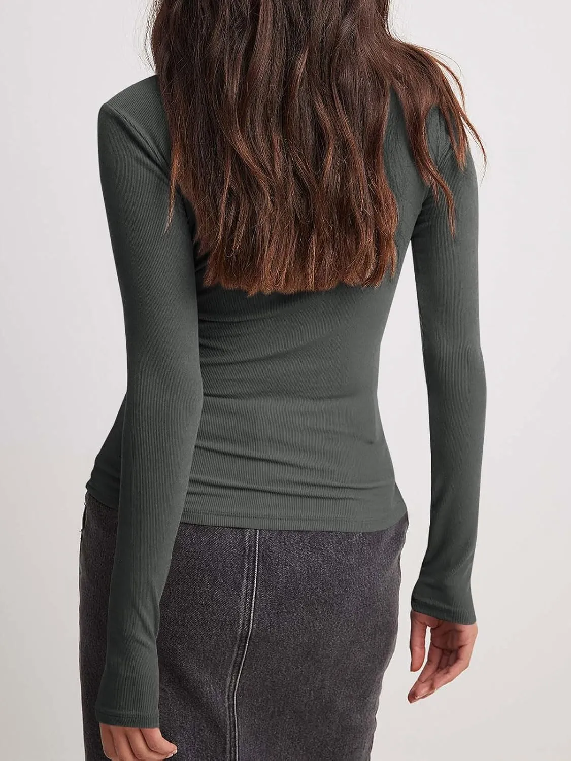 Tankaneo Womens Long Sleeve Polo Shirts V Neck Collared Work Shirt Slim Fit Ribbed Knit Basic Going Out Fall Tops