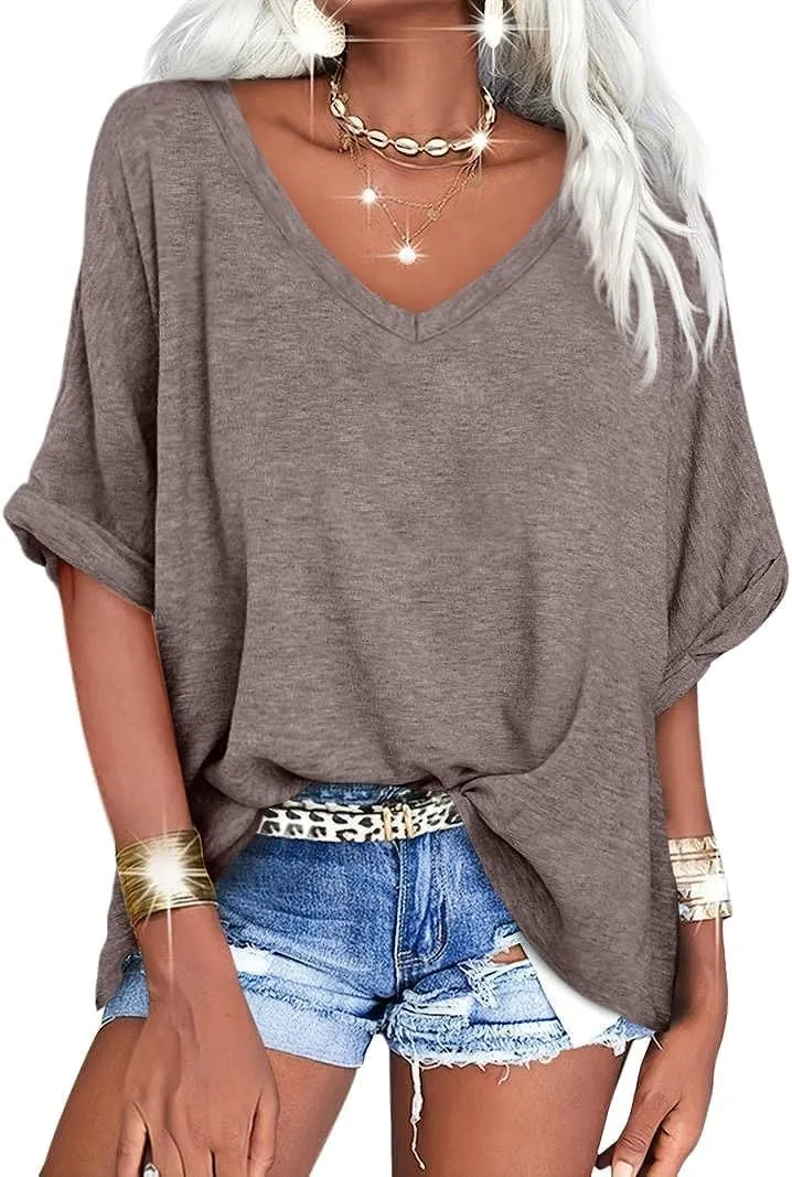 UNCLECAT Women's V Neck Oversized T-Shirts Summer Short Sleeve Shirts Loose Casual Tops Tee