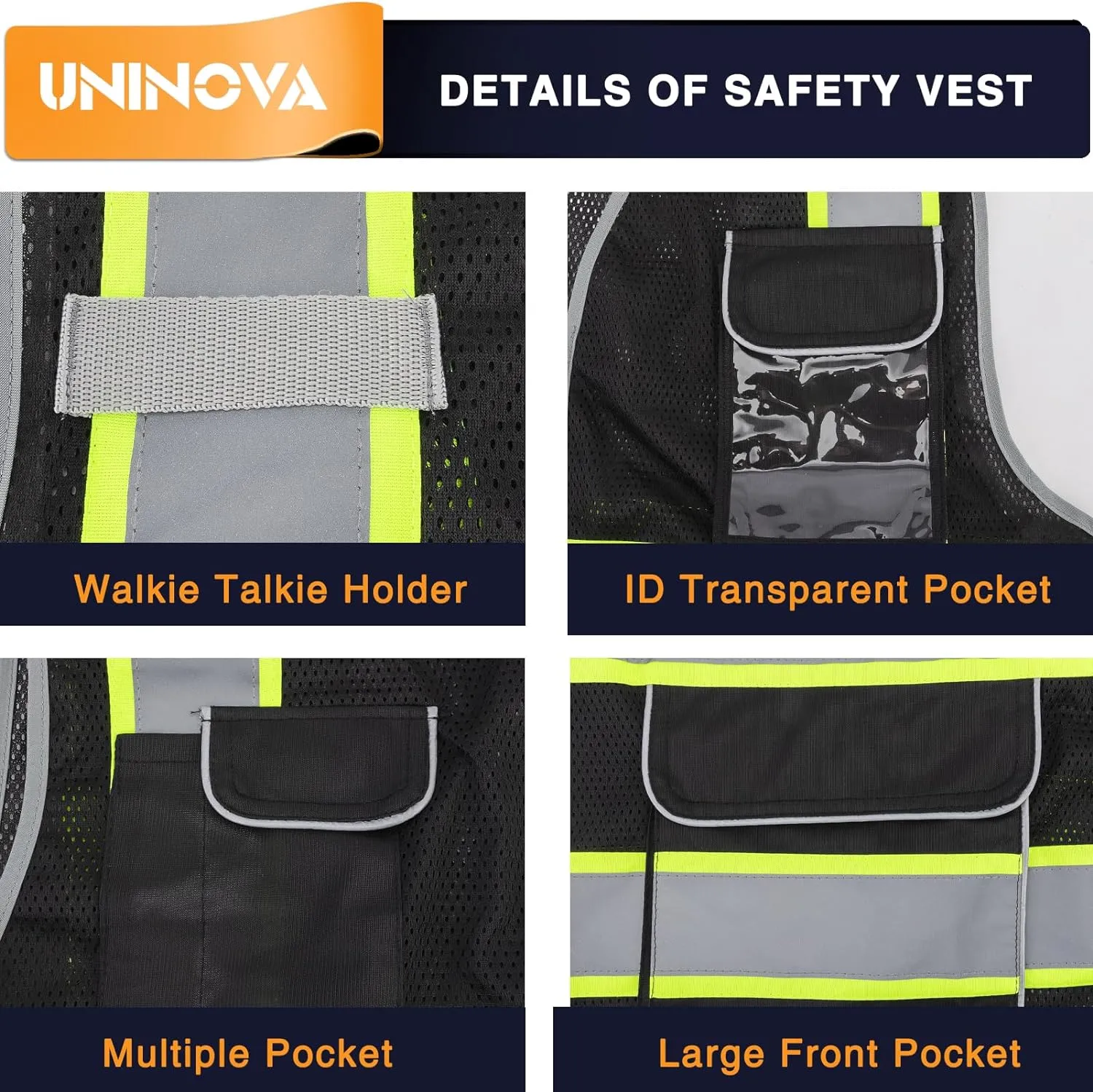 UNINOVA High Visibility Safety Vest - Multi Pockets Reflective Mesh Breathable Workwear, ANSI/ISEA Standards (6X-Large-7X-Large, Black Mesh-02)