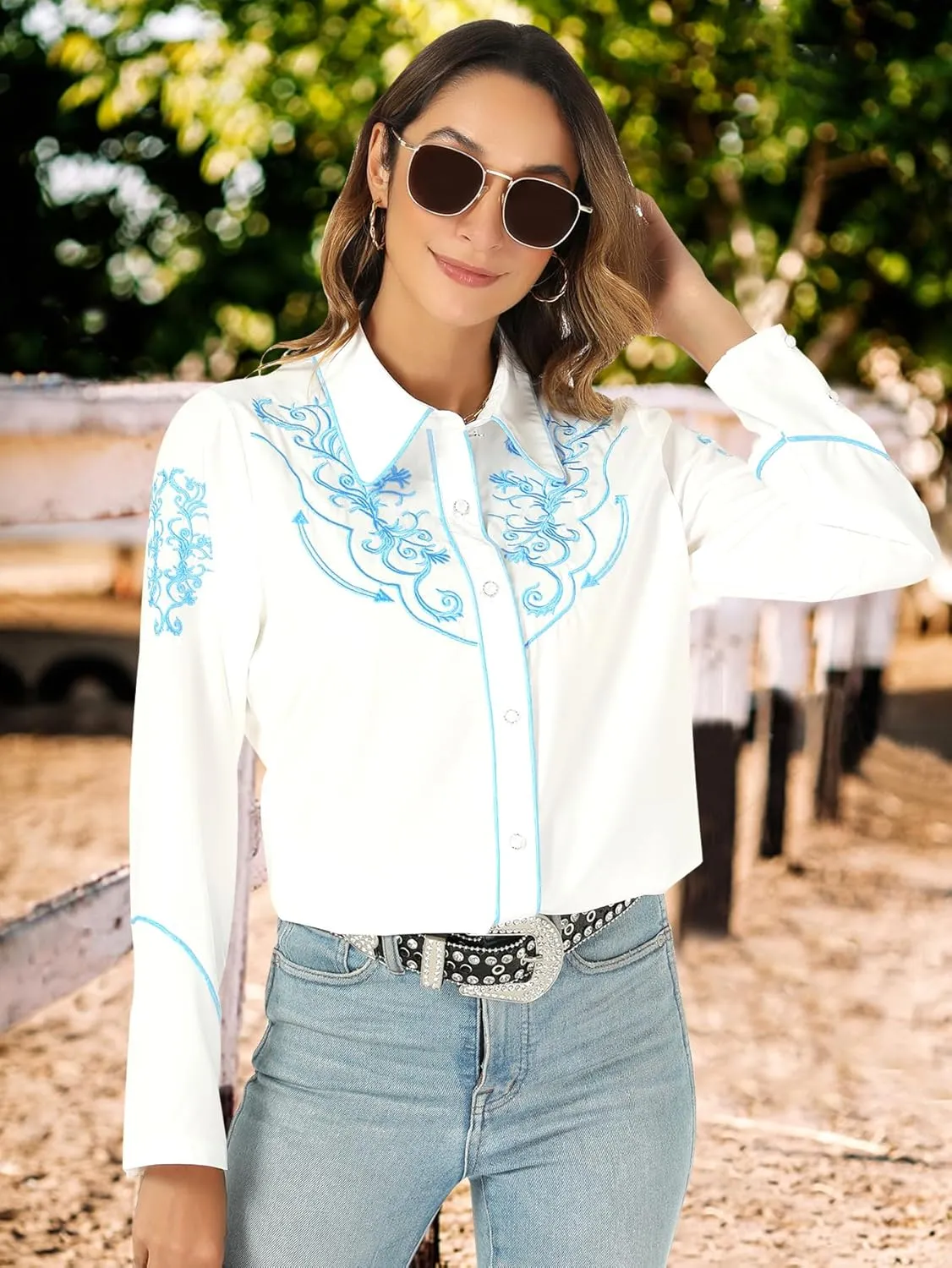 Western Shirts for Women Cowgirl Sexy Dressy Long Sleeve Black Embroidered Button Up Ladies Blusas Vaqueras para Mujer