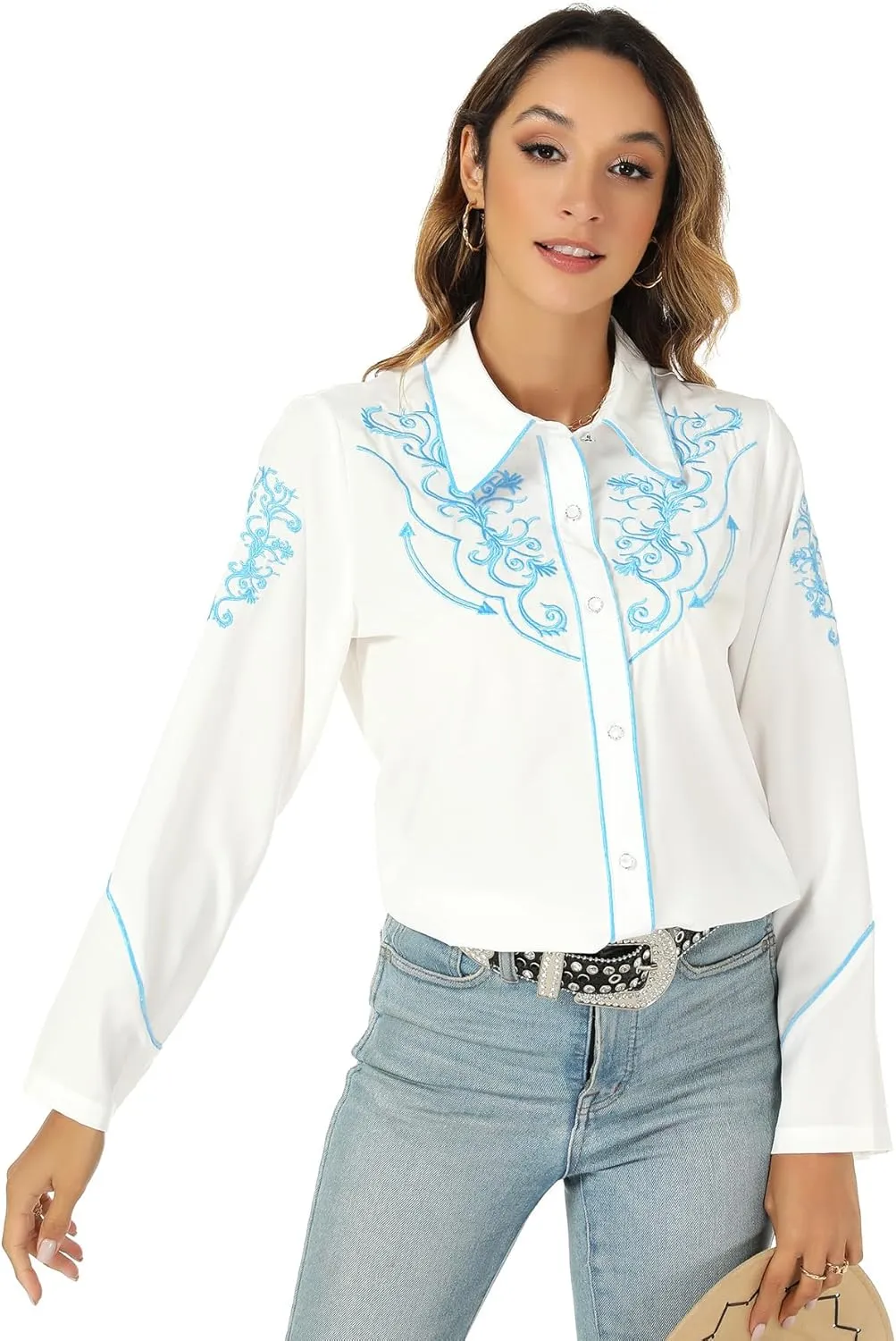 Western Shirts for Women Cowgirl Sexy Dressy Long Sleeve Black Embroidered Button Up Ladies Blusas Vaqueras para Mujer