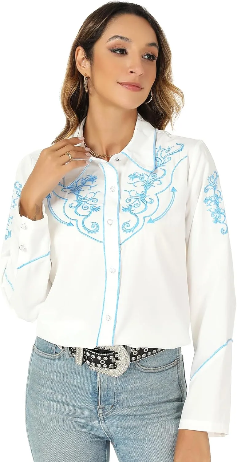 Western Shirts for Women Cowgirl Sexy Dressy Long Sleeve Black Embroidered Button Up Ladies Blusas Vaqueras para Mujer