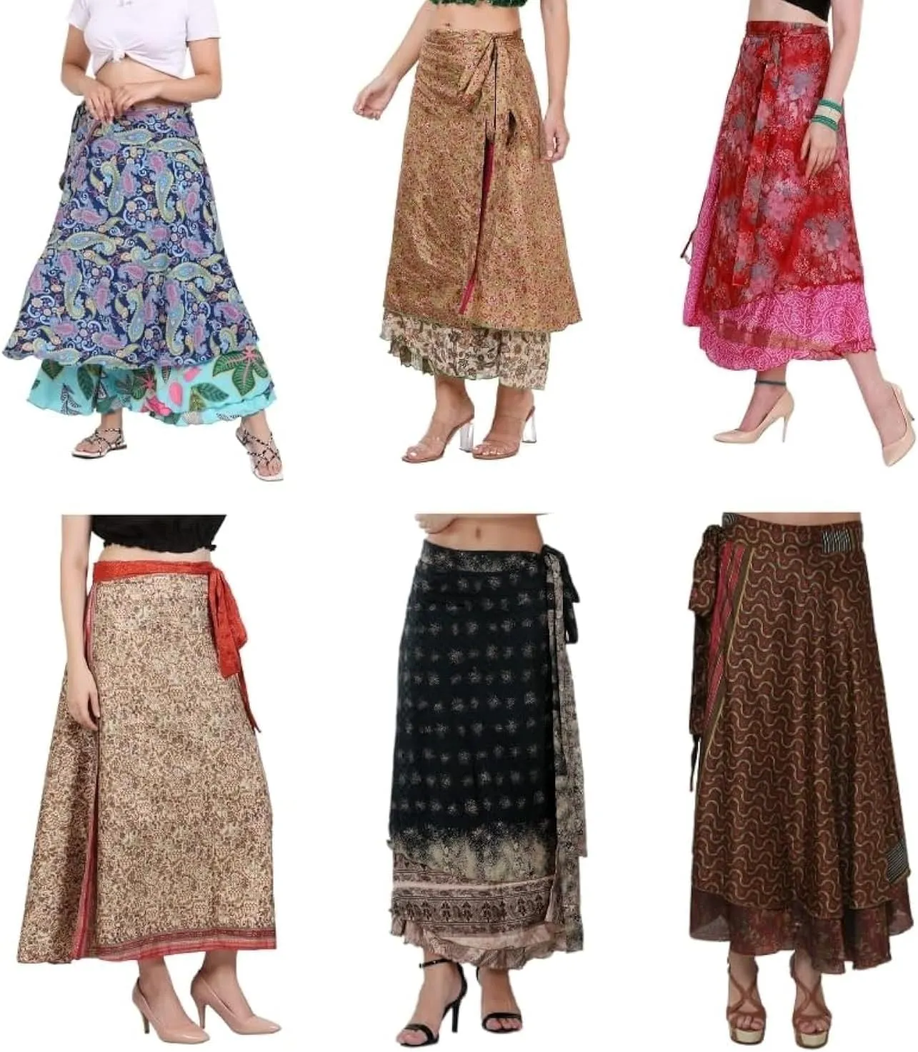 Wevez Pack of 3 Pcs Original Two Layer Printed Wrap Around Skirts, Plus Size (Long XL)