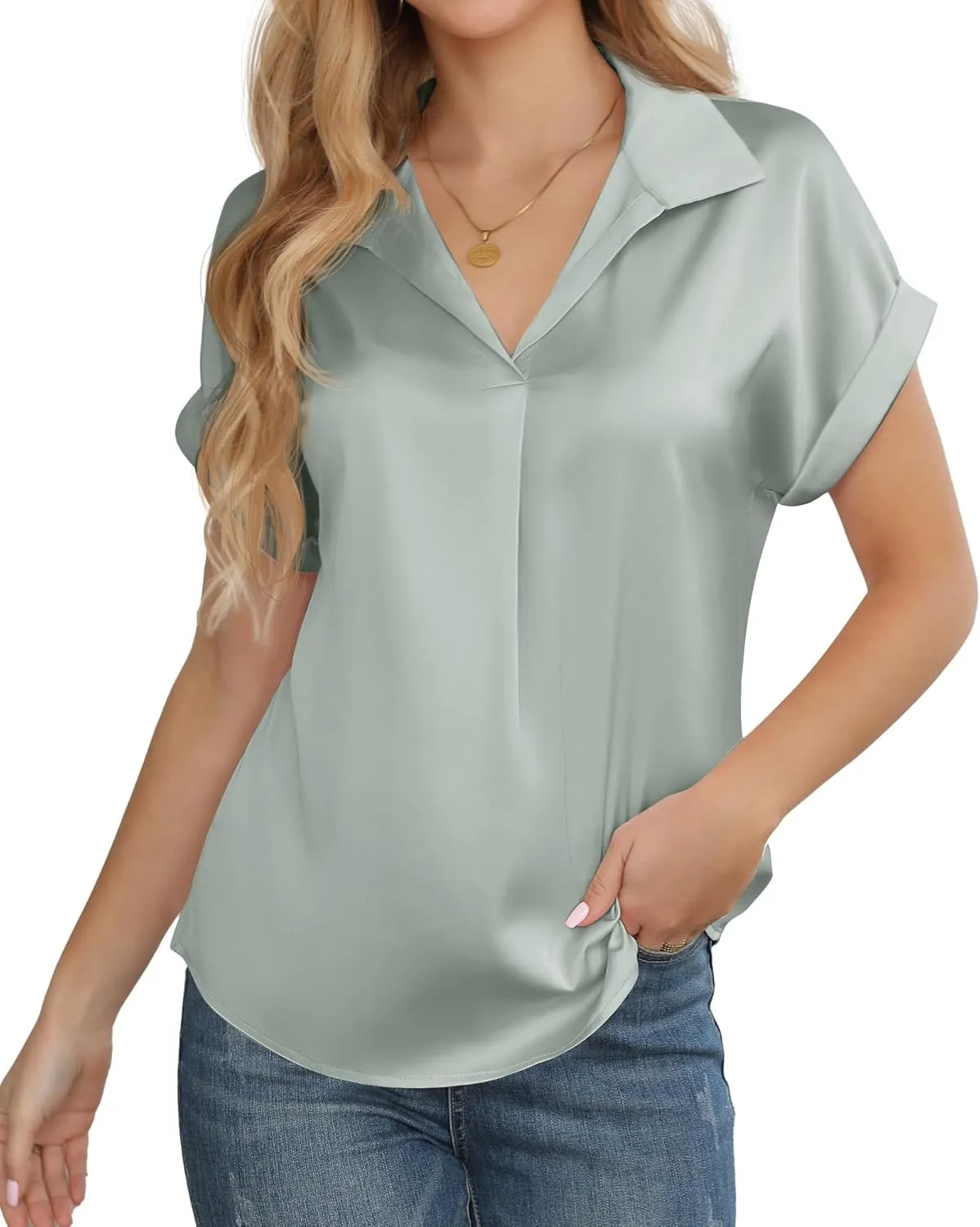 Women's Business Casual Tops Summer Elegant Satin Silk Short Sleeve Shirts V Neck Chiffon Work Business Blouses