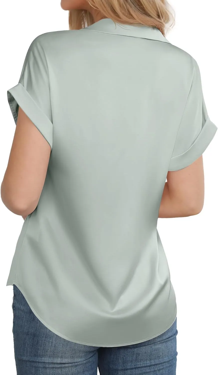 Women's Business Casual Tops Summer Elegant Satin Silk Short Sleeve Shirts V Neck Chiffon Work Business Blouses
