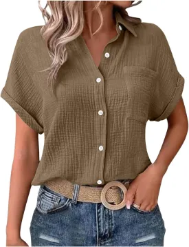 Womens Gauze Shirts Button Down Dress Shirts Casual Short Sleeve Textured Collared Summer Work Blouse Camping Clothes