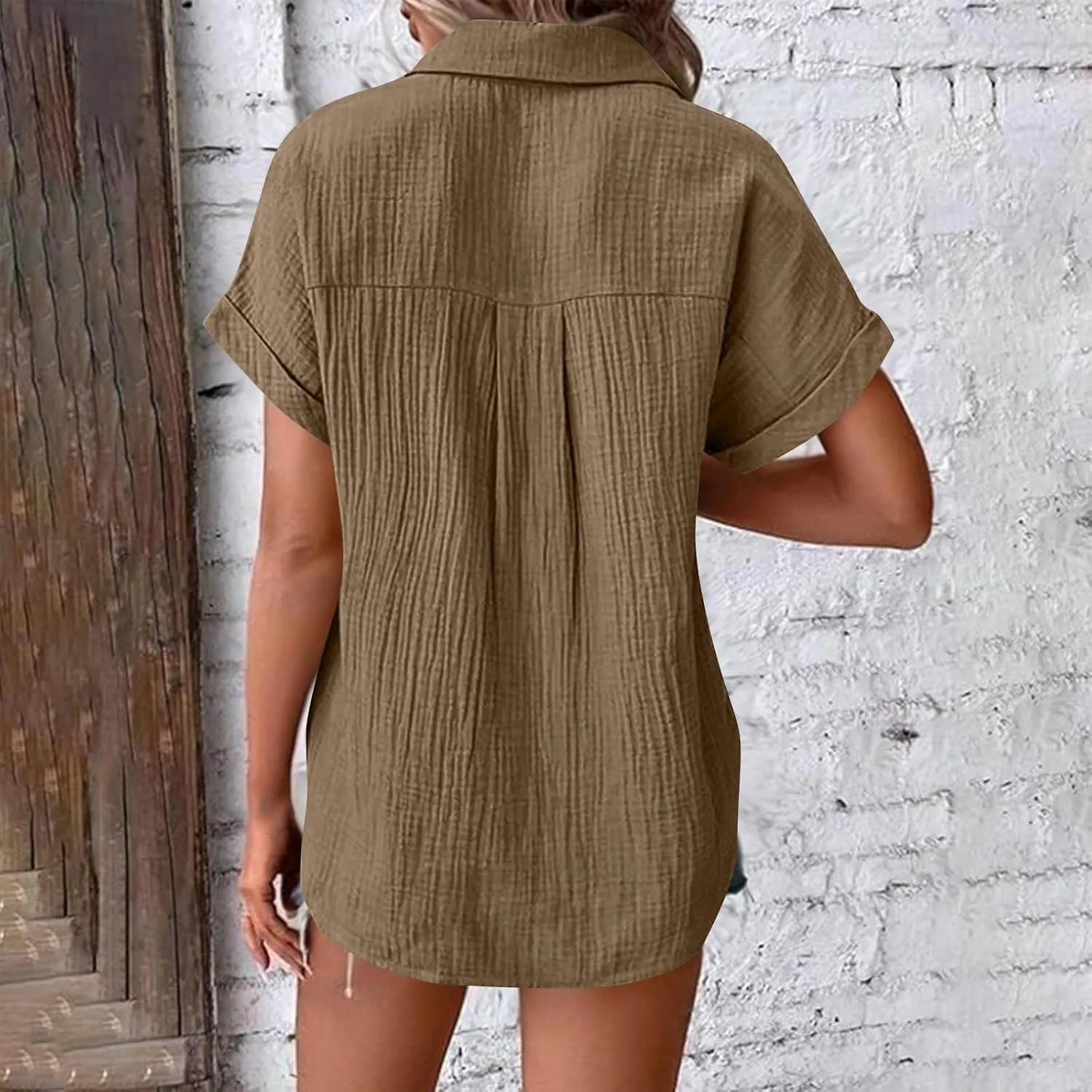 Womens Gauze Shirts Button Down Dress Shirts Casual Short Sleeve Textured Collared Summer Work Blouse Camping Clothes