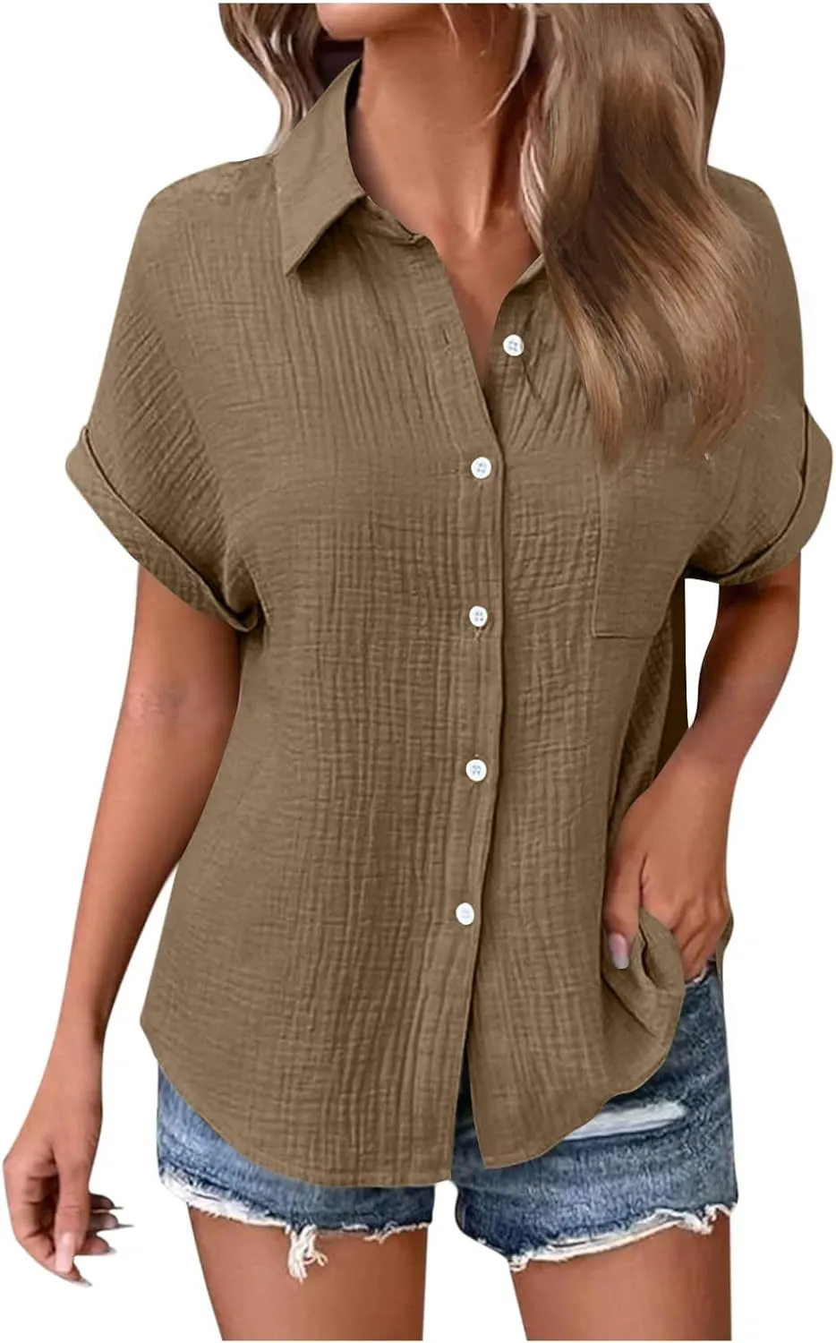 Womens Gauze Shirts Button Down Dress Shirts Casual Short Sleeve Textured Collared Summer Work Blouse Camping Clothes