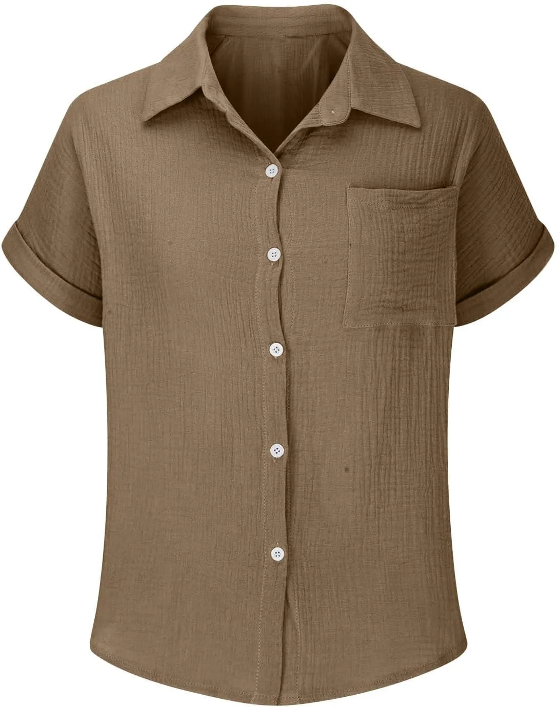 Womens Gauze Shirts Button Down Dress Shirts Casual Short Sleeve Textured Collared Summer Work Blouse Camping Clothes