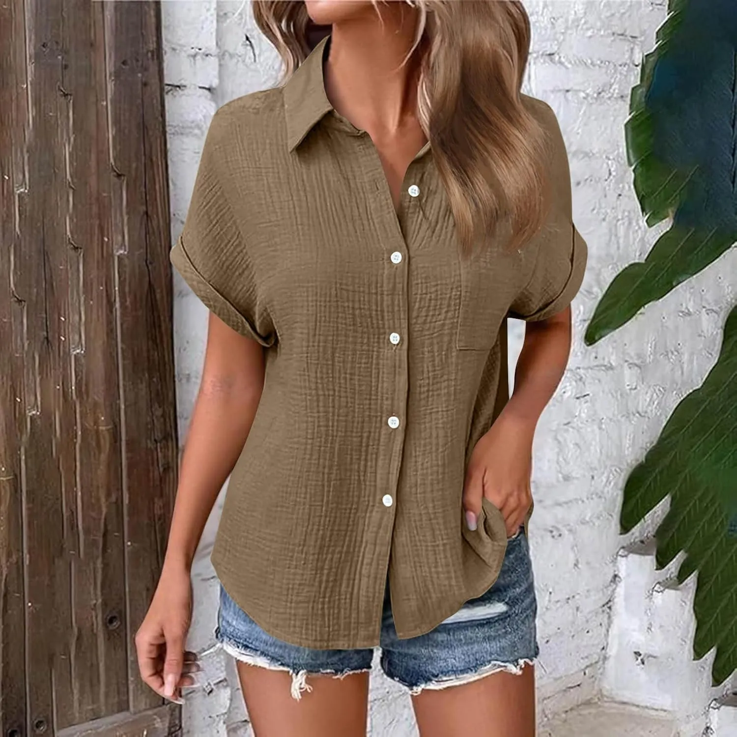 Womens Gauze Shirts Button Down Dress Shirts Casual Short Sleeve Textured Collared Summer Work Blouse Camping Clothes