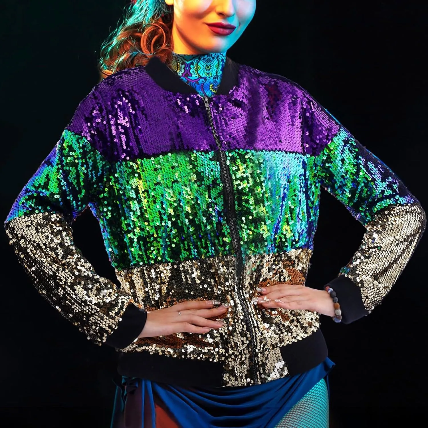 Women's Light up Sequin Jacket Coat Sparkly Long Sleeve Bomber Jackets Glowing Carnival Party Night Club Jacket