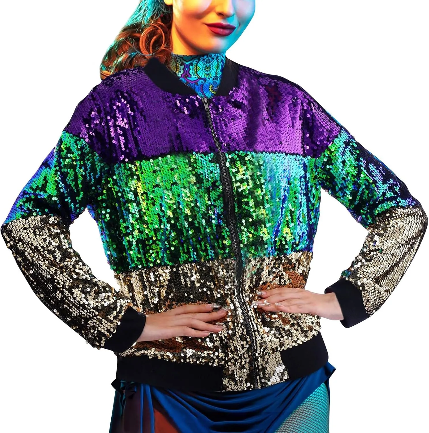 Women's Light up Sequin Jacket Coat Sparkly Long Sleeve Bomber Jackets Glowing Carnival Party Night Club Jacket