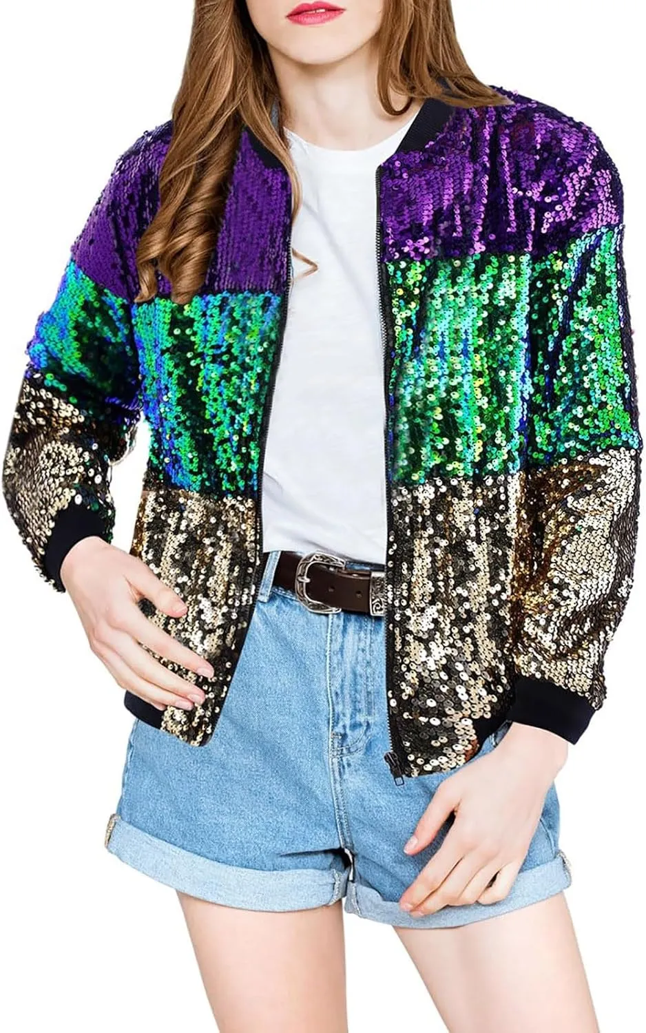 Women's Light up Sequin Jacket Coat Sparkly Long Sleeve Bomber Jackets Glowing Carnival Party Night Club Jacket
