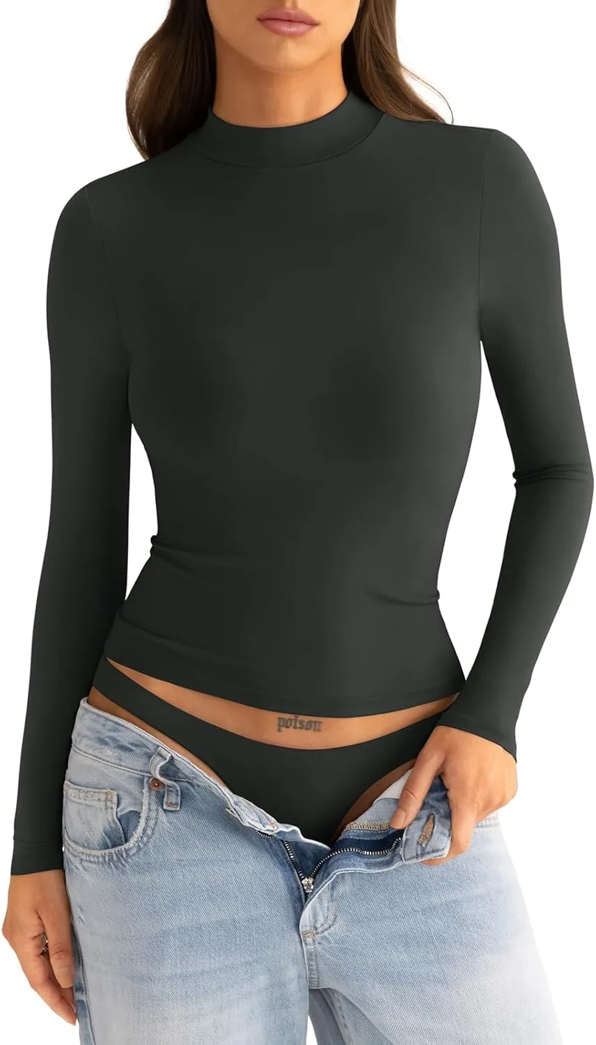 Womens Mock Neck Long Sleeve T Shirts Seamless Tops Turtleneck Slim Fitted Fall Winter Top Basic Clothes 2025