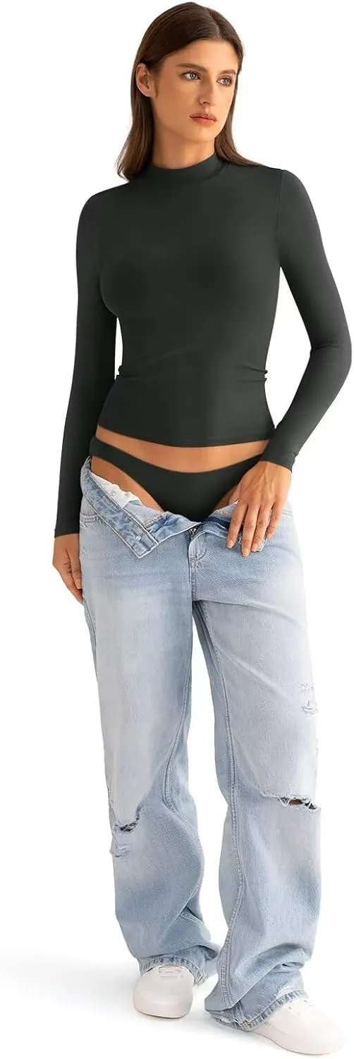 Womens Mock Neck Long Sleeve T Shirts Seamless Tops Turtleneck Slim Fitted Fall Winter Top Basic Clothes 2025