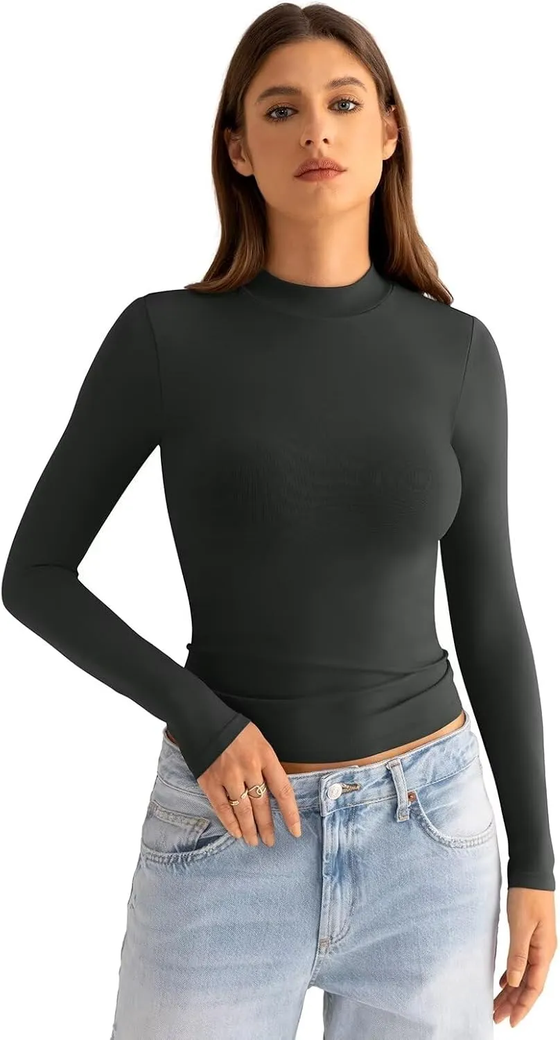 Womens Mock Neck Long Sleeve T Shirts Seamless Tops Turtleneck Slim Fitted Fall Winter Top Basic Clothes 2025