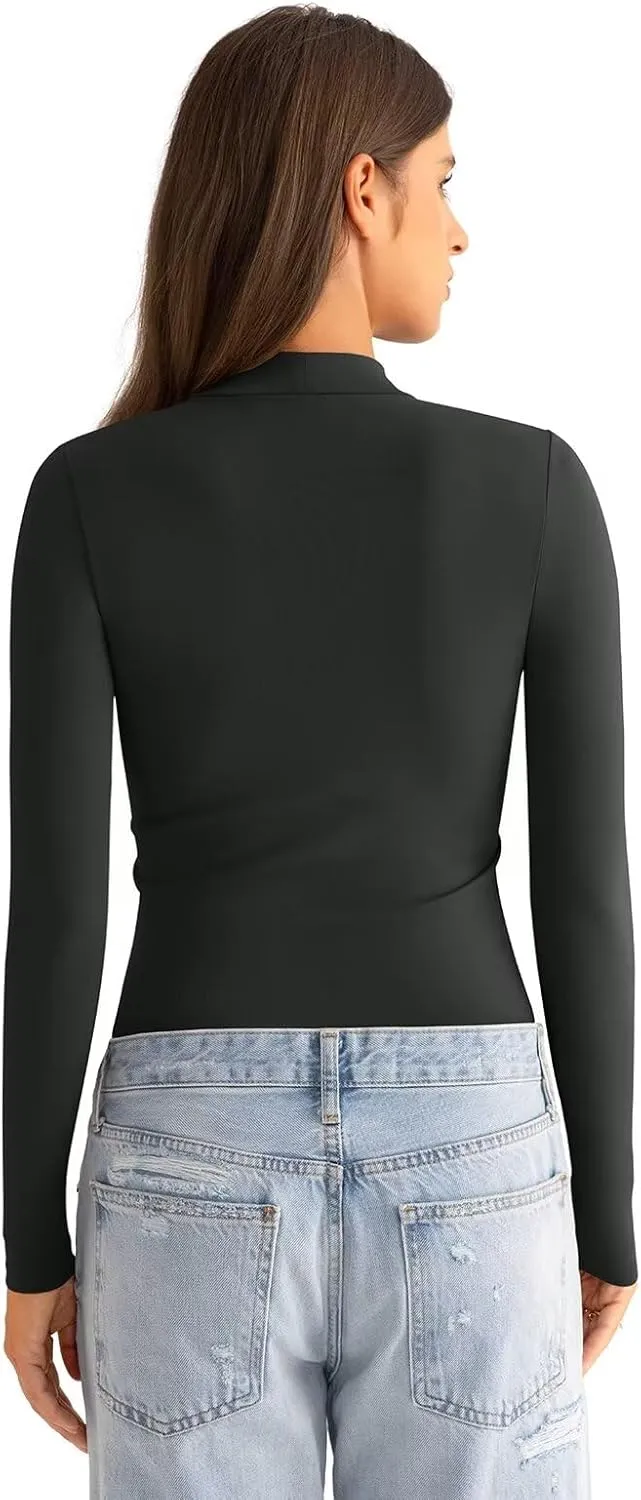 Womens Mock Neck Long Sleeve T Shirts Seamless Tops Turtleneck Slim Fitted Fall Winter Top Basic Clothes 2025