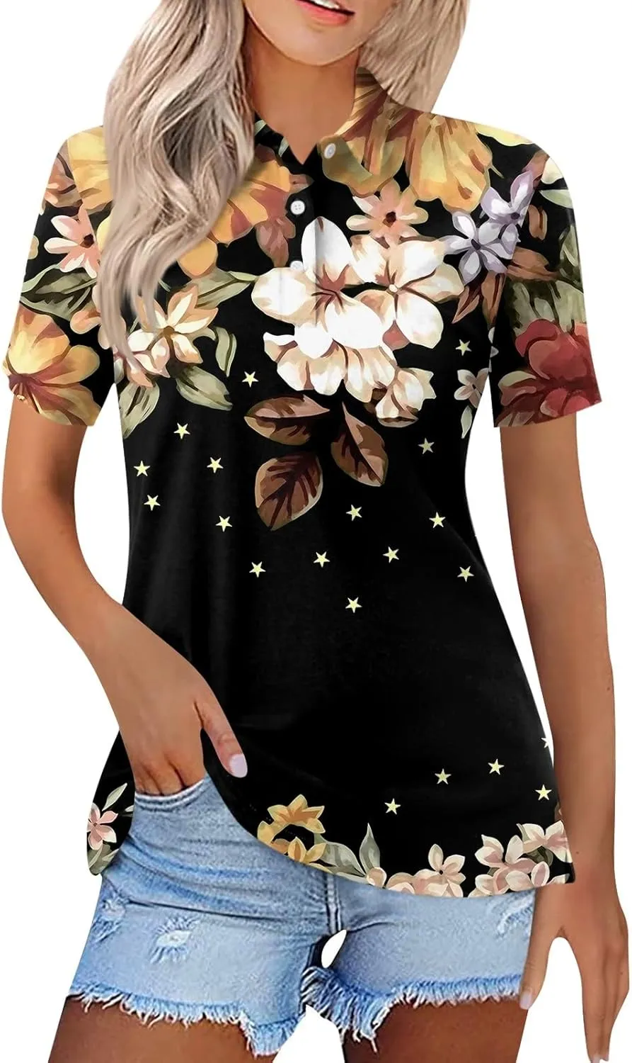 Womens Polo Tees Short Sleeve Casual Loose V Neck Button Down Business Work Shirts Summer Spring Tops
