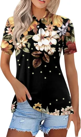 Womens Polo Tees Short Sleeve Casual Loose V Neck Button Down Business Work Shirts Summer Spring Tops