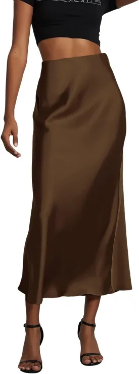 Women's Solid Silk Satin Skirt Trendy High Waist Skirts Daily Wedding Dress