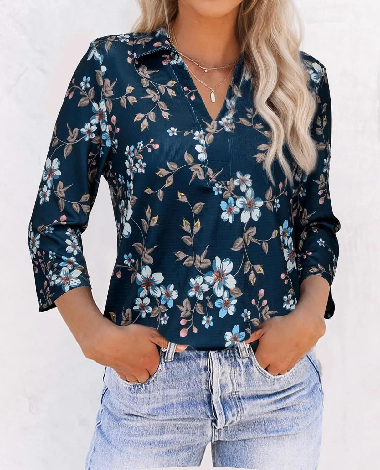 Womens Spring Tunic Tops 2025 3/4 Sleeve Polo Shirts V Neck Collared Tops Business Casual Work Blouses Dressy