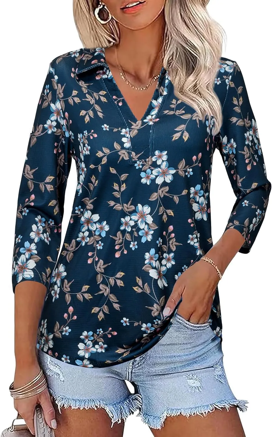 Womens Spring Tunic Tops 2025 3/4 Sleeve Polo Shirts V Neck Collared Tops Business Casual Work Blouses Dressy