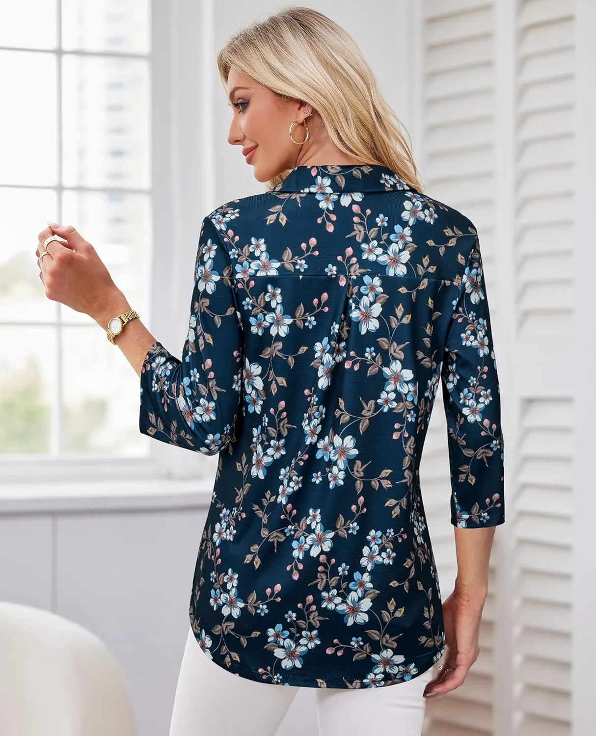 Womens Spring Tunic Tops 2025 3/4 Sleeve Polo Shirts V Neck Collared Tops Business Casual Work Blouses Dressy