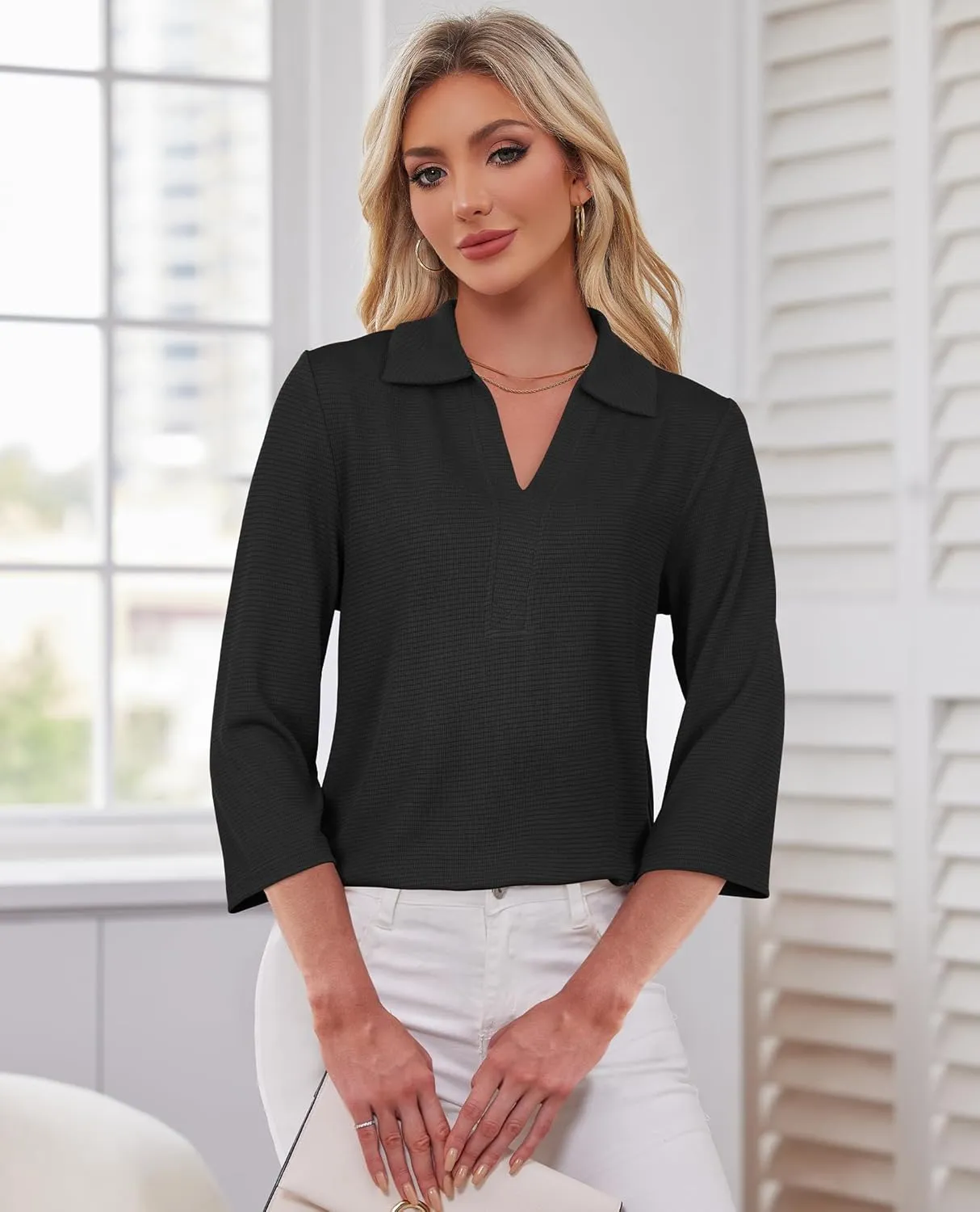 Womens Spring Tunic Tops 2025 3/4 Sleeve Polo Shirts V Neck Collared Tops Business Casual Work Blouses Dressy