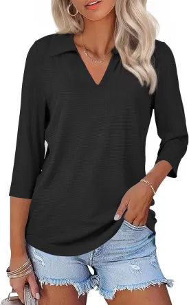 Womens Spring Tunic Tops 2025 3/4 Sleeve Polo Shirts V Neck Collared Tops Business Casual Work Blouses Dressy
