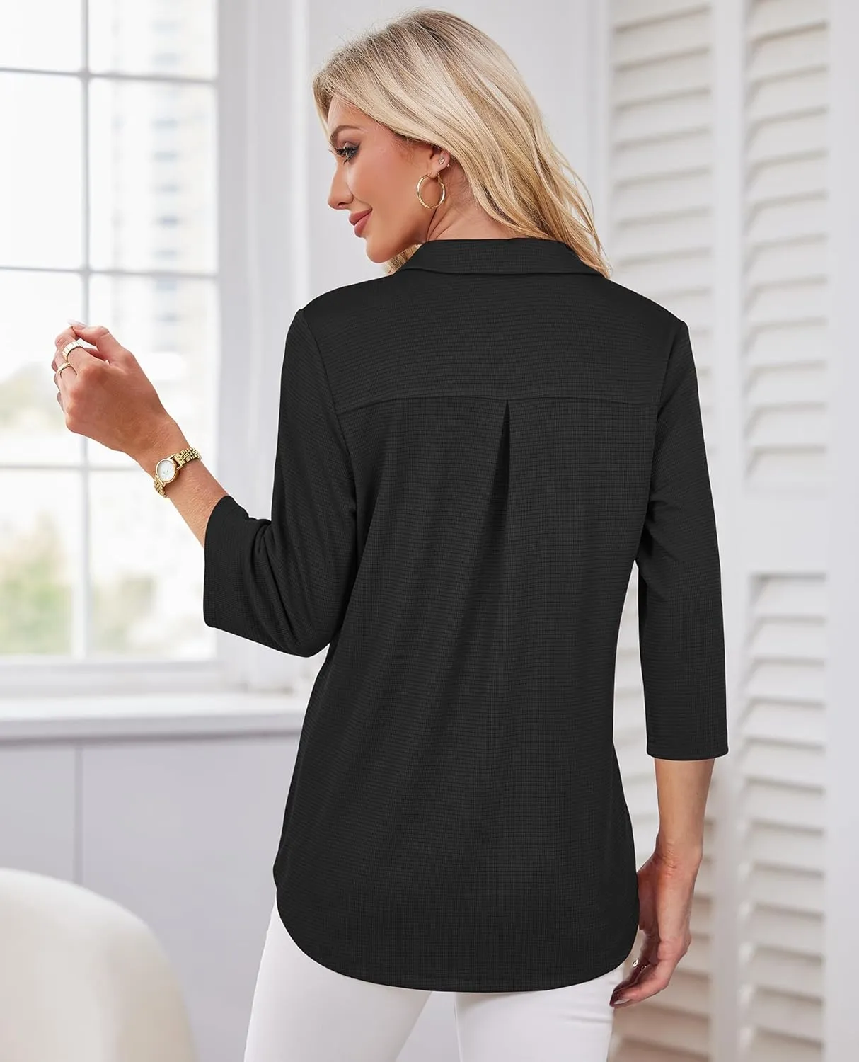 Womens Spring Tunic Tops 2025 3/4 Sleeve Polo Shirts V Neck Collared Tops Business Casual Work Blouses Dressy