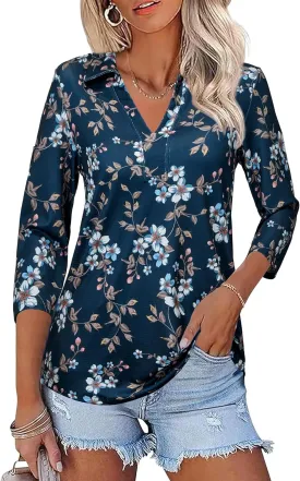 Womens Spring Tunic Tops 2025 3/4 Sleeve Polo Shirts V Neck Collared Tops Business Casual Work Blouses Dressy