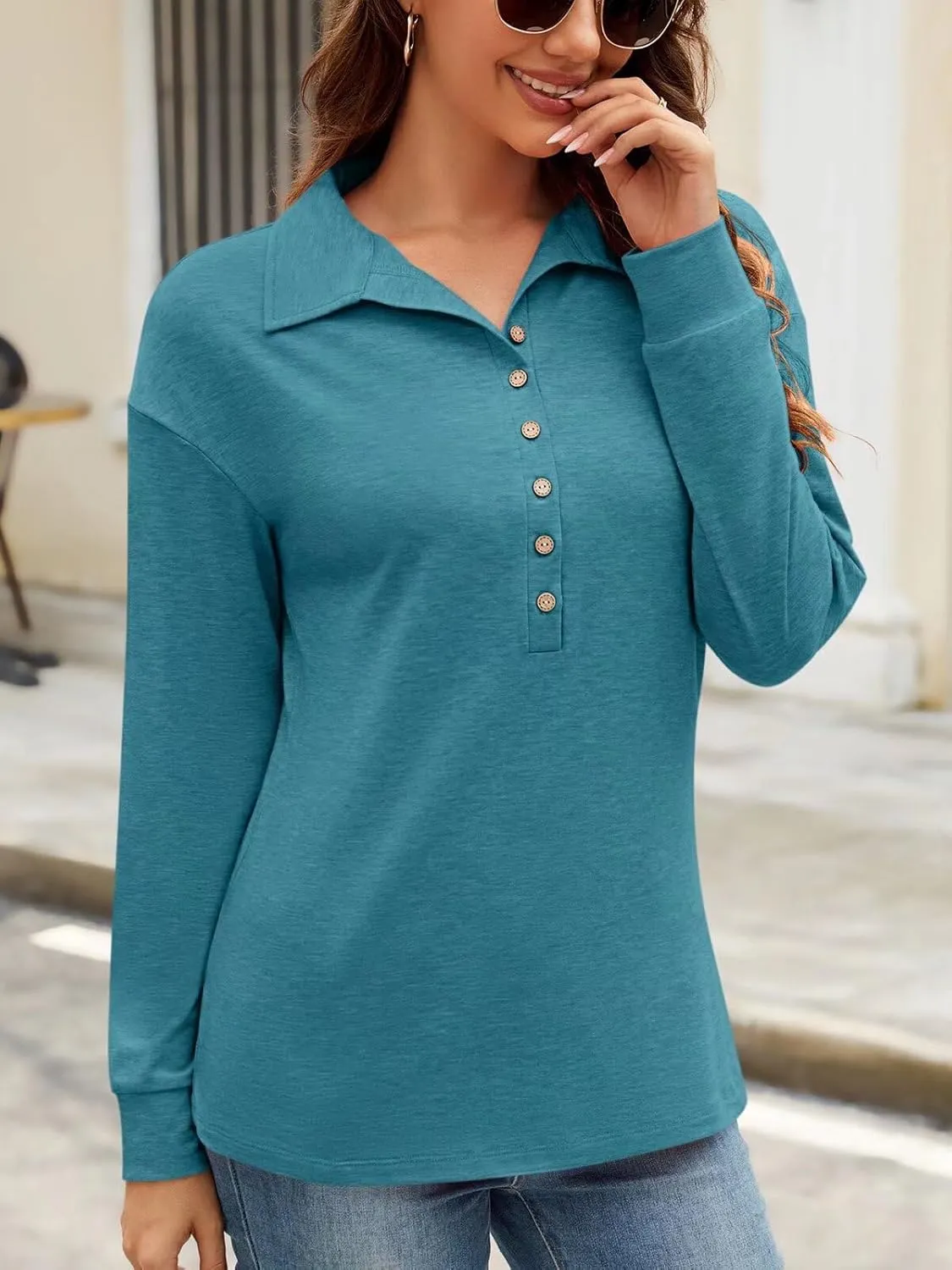 Womens V Neck Collared Shirts Long Sleeve Button Tops Dressy Casual Spring Tops Loose Polo Blouse 2025