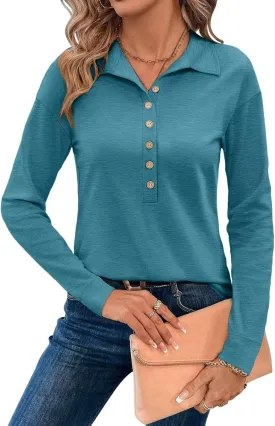 Womens V Neck Collared Shirts Long Sleeve Button Tops Dressy Casual Spring Tops Loose Polo Blouse 2025