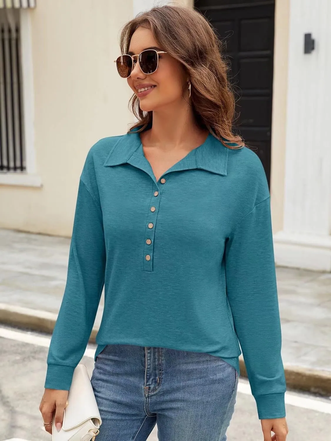 Womens V Neck Collared Shirts Long Sleeve Button Tops Dressy Casual Spring Tops Loose Polo Blouse 2025