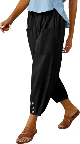 WROLEM Women's High Waist Capri Pants with Pockets Wide Leg Cropped Pants for Women - Black - Small