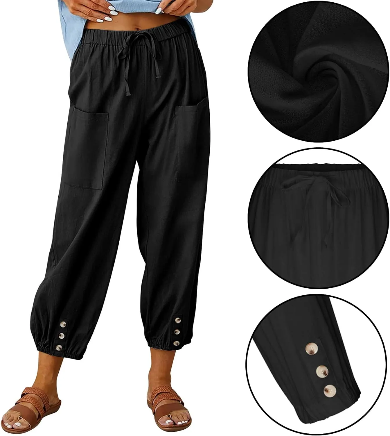 WROLEM Women's High Waist Capri Pants with Pockets Wide Leg Cropped Pants for Women - Black - Small