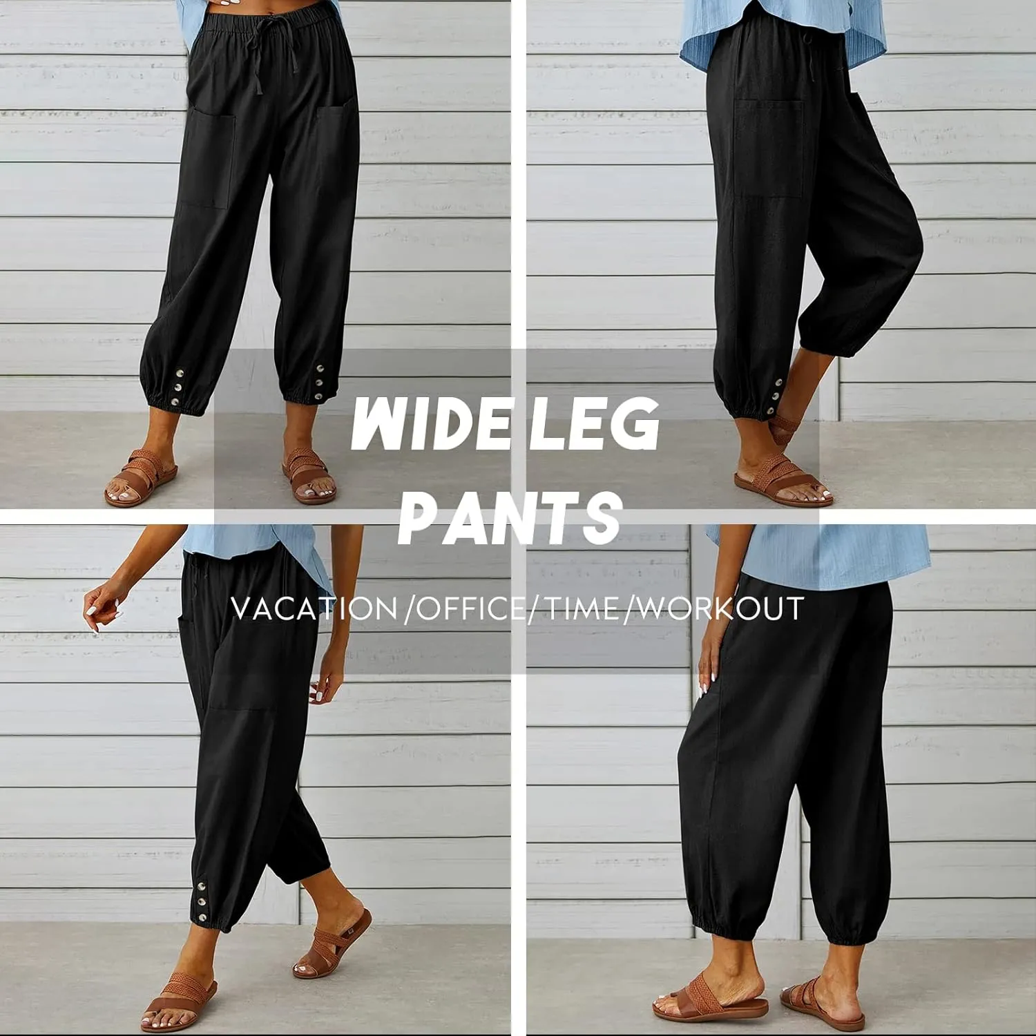 WROLEM Women's High Waist Capri Pants with Pockets Wide Leg Cropped Pants for Women - Black - Small