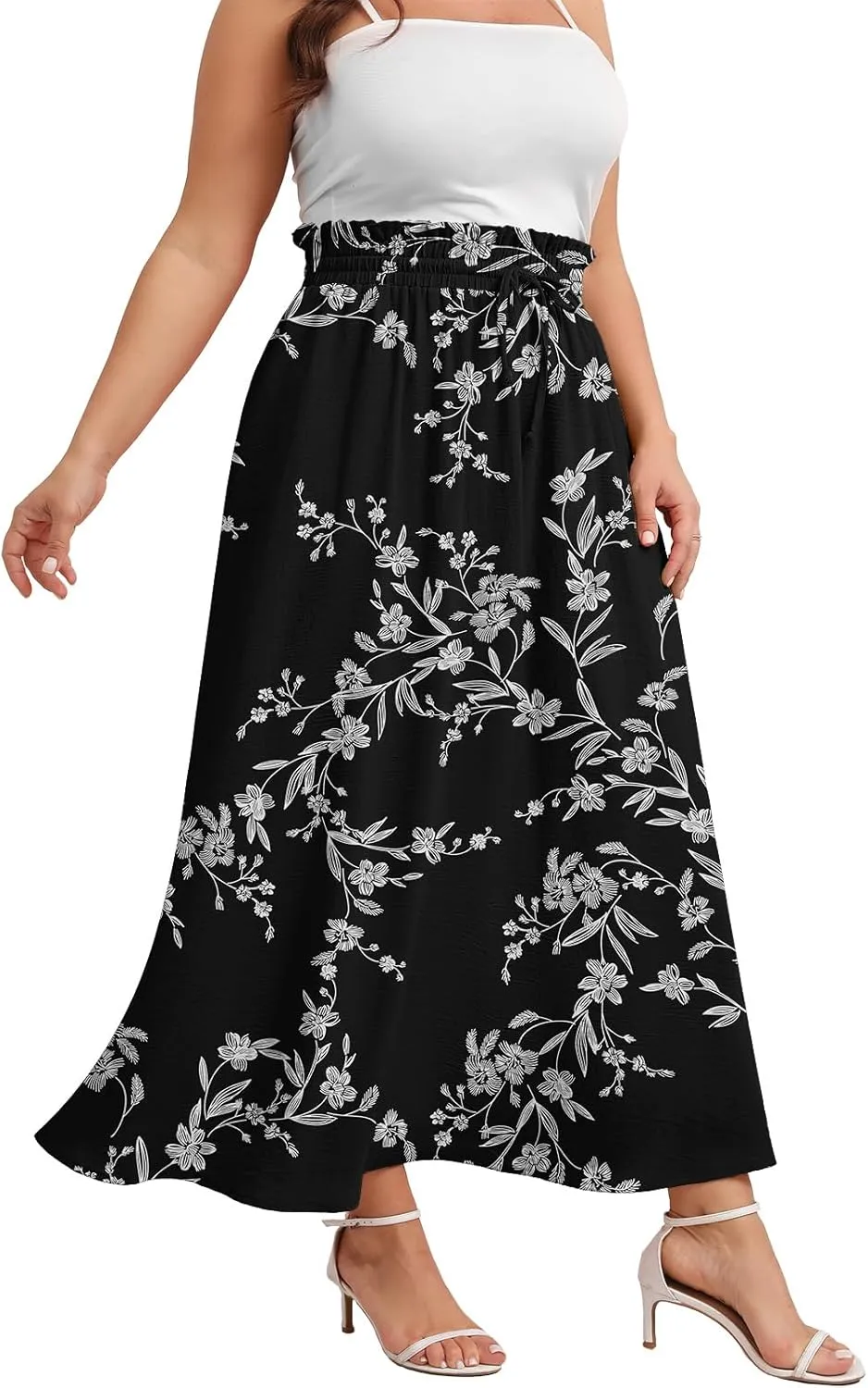 Xpenyo Womens Plus Size Maxi Skirts Summer Elastic High Waisted Boho Casual Beach Flowy Swing Long Skirts with Pockets