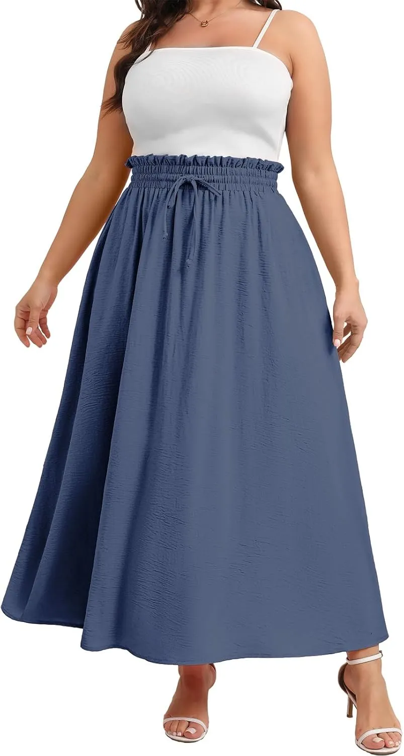 Xpenyo Womens Plus Size Maxi Skirts Summer Elastic High Waisted Boho Casual Beach Flowy Swing Long Skirts with Pockets