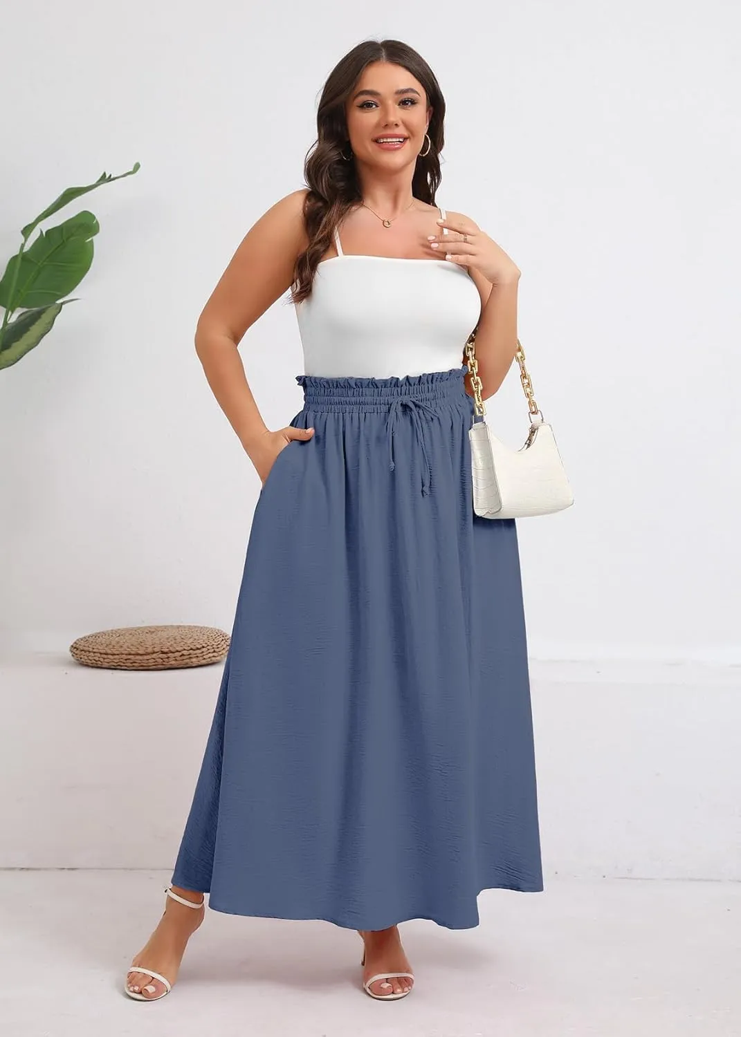 Xpenyo Womens Plus Size Maxi Skirts Summer Elastic High Waisted Boho Casual Beach Flowy Swing Long Skirts with Pockets