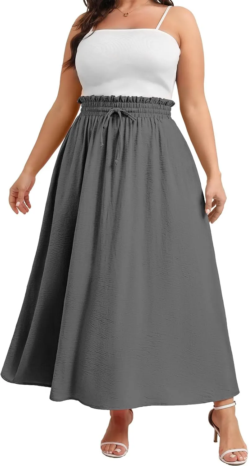 Xpenyo Womens Plus Size Maxi Skirts Summer Elastic High Waisted Boho Casual Beach Flowy Swing Long Skirts with Pockets