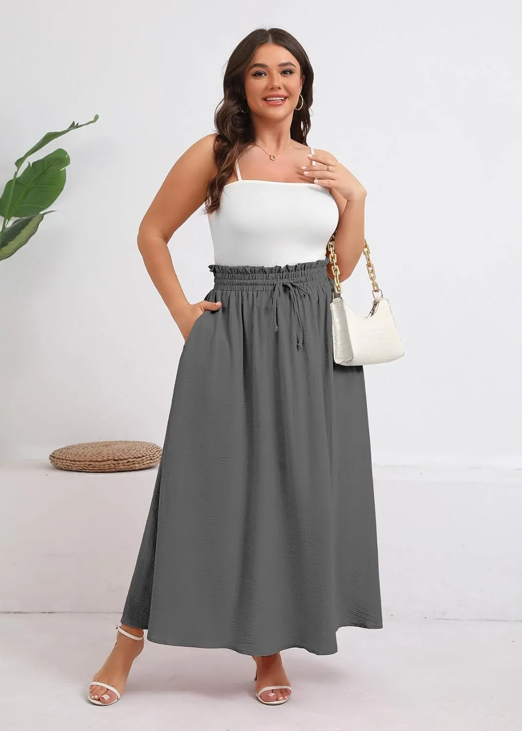 Xpenyo Womens Plus Size Maxi Skirts Summer Elastic High Waisted Boho Casual Beach Flowy Swing Long Skirts with Pockets